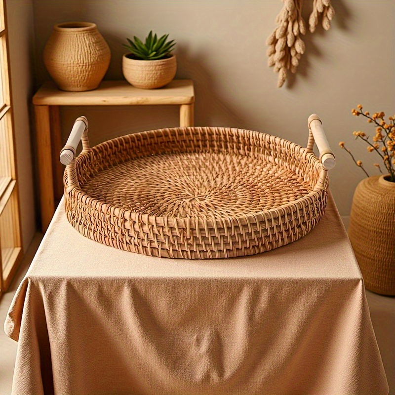 Rattan Tray Handle - Handmade Rattan Round Tray with Double