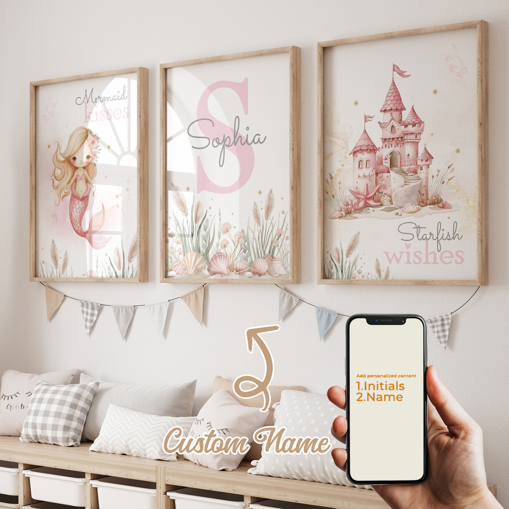 Interior Design Living Room - 3pcs Personalized Custom Name Cartoon Mermaid