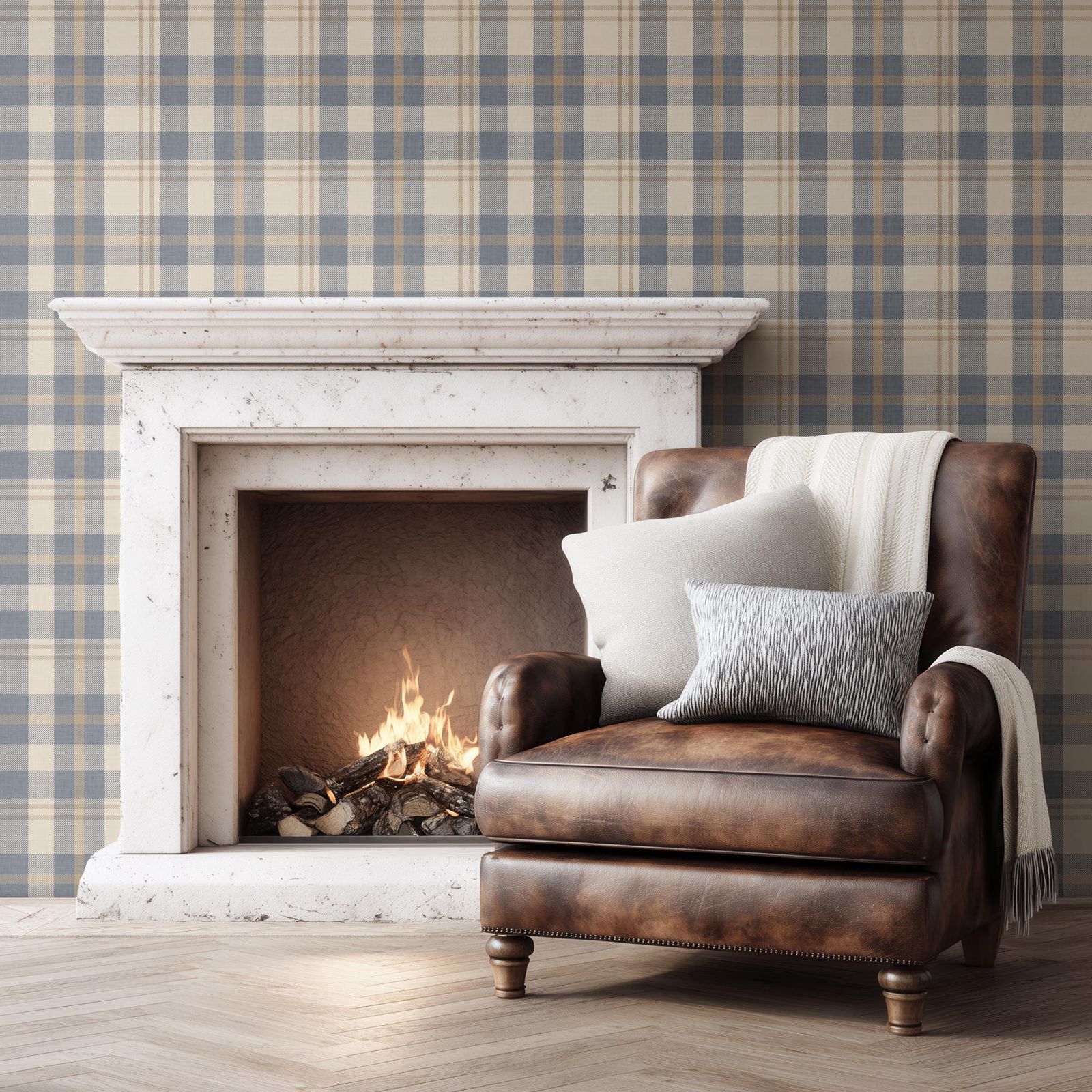 Neutral Blue and Beige Plaid W - Interior Design Scandinavian 评论和价格