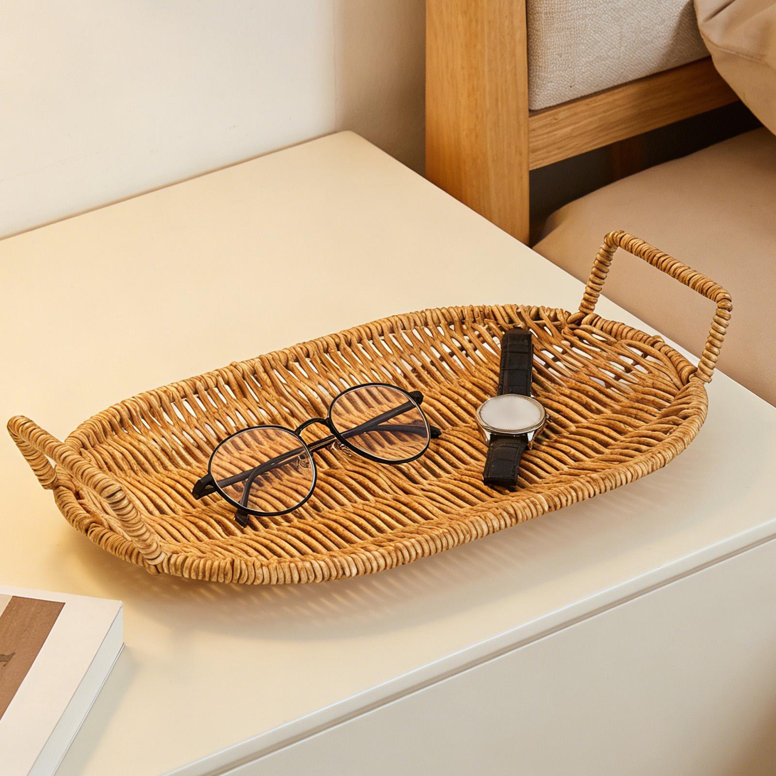 Woven Fruit Bowl Oval Bread Ba - Rattan Tray Handle 评论和价格
