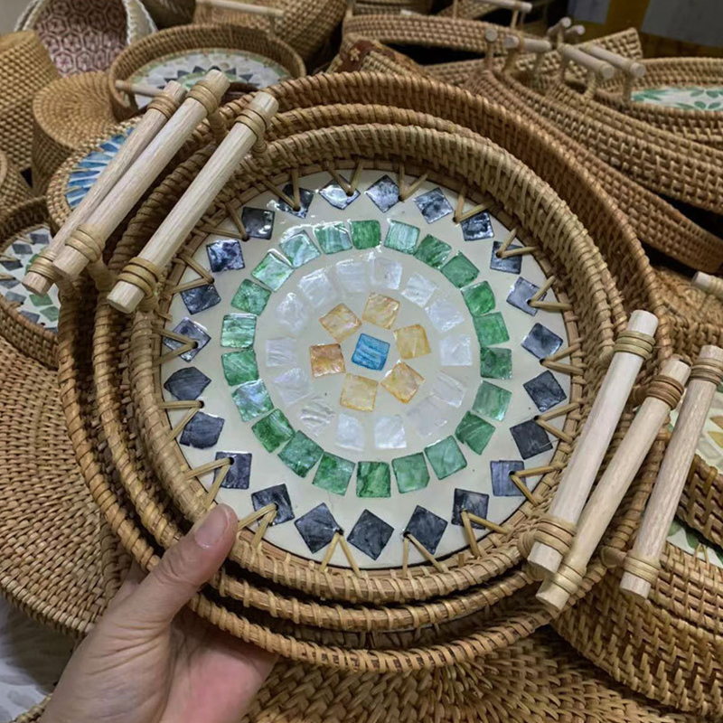 Vintage Handmade Rattan Woven  - Rattan Tray Handle 评论和价格