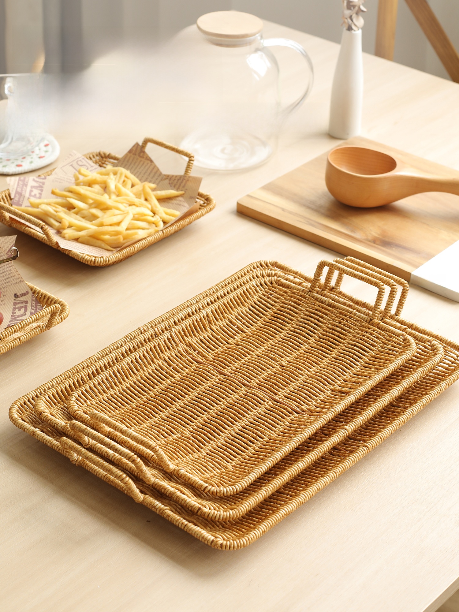 Handwoven Rattan Fruit Basket  - Rattan Tray Handle 评论和价格