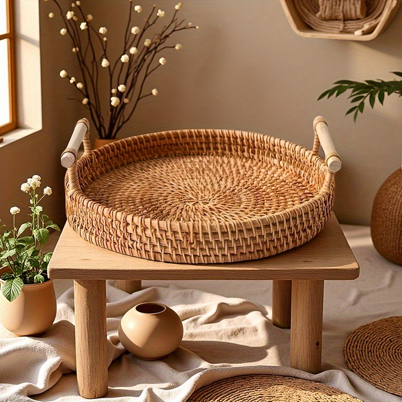 Handmade Rattan Round Tray wit - Rattan Tray Handle 评论和价格